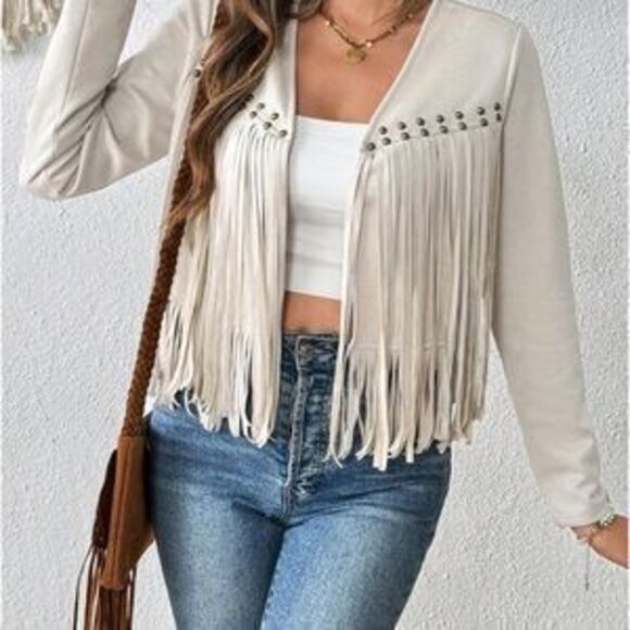 Jackets & Blazers - Cream Fringe Jacket suede boho studded